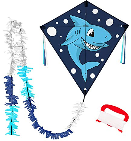 Wolkenstürmer® Eddy Hai Kinderdrachen - flugfertiger Shark blau Einleiner inkl. Handgriff & 40m Schnur Rautendrachen - Kinderdrachen ab 3 Jahre