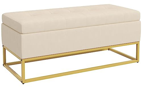 HOMCOM Sitzbank mit Stauraum, Polsterbank mit Klappdeckel, Samtoptik, Bettbank, Truhenbank mit Stahlbeine für Wohnzimmer, Schlafzimmer, Beige, 110 x 44 x 49 cm
