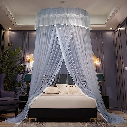 Reheyre Betthimmel, Prinzessin Bettvorhang Netz, Spitze Runde Kuppel Mesh Bettvorhänge mit Haken, Prinzessin Betthimmel Betthimmel Vorhänge Baldachin Bettvorhänge für Twin Full Queen King Size Grau