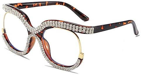 LJCZKA Vintage blåljusfilter, glasögon, kattögon med strass, damer, retroglasögon utan tjocklek, damer, stora strass-glasögon, anti-trötthet, leopard, Kunststoff