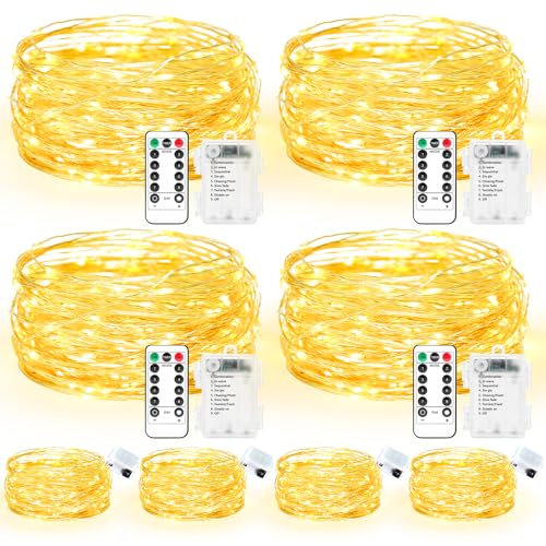 Maxee 4 Stück 20M + 4 Stück 3M LED Lichterkette Batterie, 8 Modi Fernbedienung mit Timer Lichterkette, IP65 Wasserdichte, Außen Lichterkette Draht für Weihnachten Innen Aussen Deko, Warme Farben