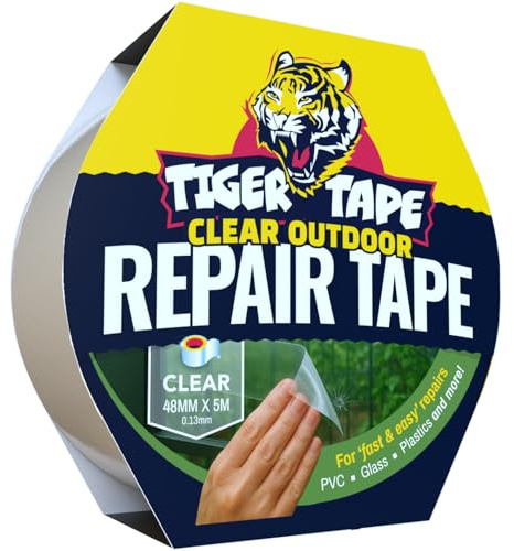 Tiger Tape® Clear Waterproof Repair Tape – Transparent Outdoor Tape for Greenhouse, Tents, Automotives, Glass & Plastic Repairs – Strong Weatherproof Patch Tape – 48mm x 5m