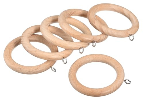 QUARKZMAN 6 Stück Holzvorhangringe, 2,75 Zoll Vorhangholzringhaken mit Schrauböse für Vorhangstange, Natur