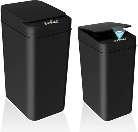 2 Pack Automatic Touchless Garbage Bathroom Bin, 12L & 18L Small Motion Sensor Smart Bin, Slim Waterproof Electric Bin for Bedroom, Bathroom, Office, Living Room, Black