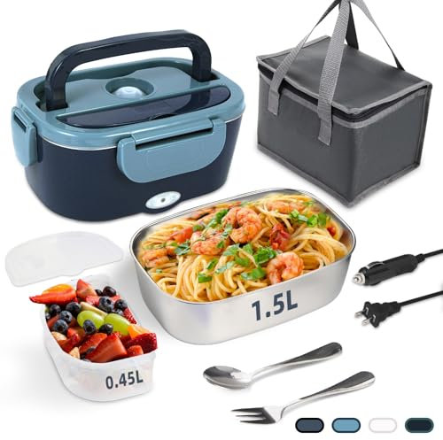 SOHIDA - Lonchera eléctrica, calentador de alimentos portátil de 12 V/24 V/110 V con tenedor SS y cuchara para coche/camión/oficina, lonchera autocalentable de 80 W, contenedor de acero