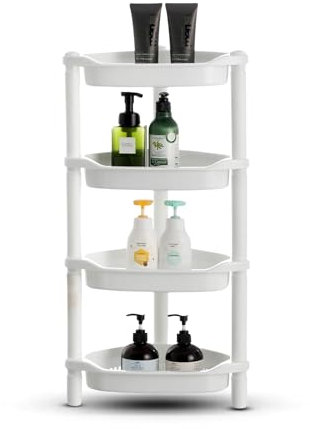 Qualiware 4 Tier Shower Caddy Organizer Shelf Corner, 36 x 25 x 70 Centimeter, Rustproof Free Standing Plastic Shower Rack Stand Corner Shelves for Bathroom Storage Unit (Triangular White)
