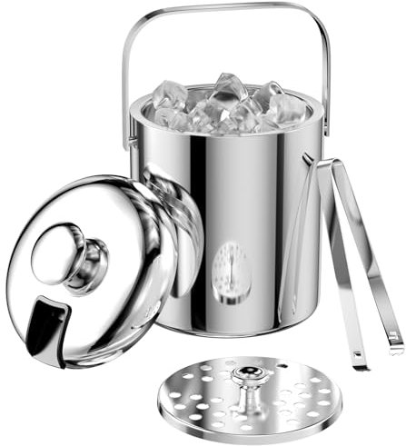 Ghazpmuk 1.3 L Secchiello Ghiaccio in Acciaio Inox, Secchiello per Ghiaccio con Coperchio, Pinze e Colino, Portaghiaccio, LCE Bucke, Contenitore del Cubetto di Ghiaccio, per Cocktail Bar, Feste