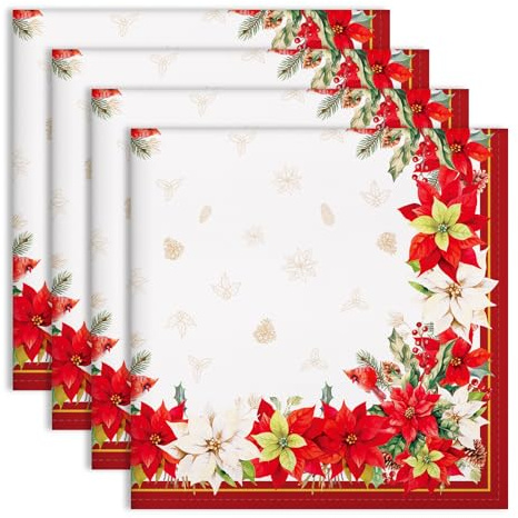 Arquiel Servietten Weihnachten Blumen Rot 4er-Set, Stoffservietten 100% Baumwolle Weiches Hochwertige Wiederverwendbare Esstisch Servietten Perfekt für Weihnachten Küche Haushalt Party(45×45cm)