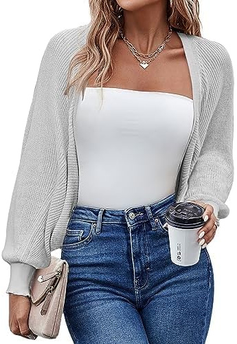 Hotouch Cardigan Donna Maglione Corto Cerniera Leggero Giacca in Maglia Elegante Golfino a Maniche Lunghe Aperta Casual per Autunno Invernale Matrimonio Bolero Grigio Chiaro XXL