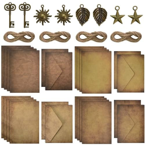 Briefpapier mit Umschlag Set, A5 Briefpapier mit Umschlag Set, 16 Blätter Briefpapier, 8 Kraft Umschlägen, 8 Anhänger aus Metall, 16 Hanfseilen, Antik Briefpapier Vintage mit Umschlag