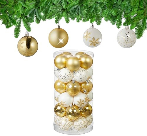 Relaxdays Palline di Natale, Set 30 Palle Albero, Addobbi Natalizi, Sfere D: 6 cm, Plastica Infrangibile, Oro Bianco, 7 x 6 x 6 cm