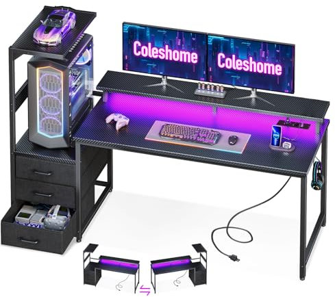 Coleshome Gaming Tisch mit mit Schubladen, 151×50cm Gaming Schreibtisch mit LED-Beleuchtung & Steckdose, Computertisch mit Ablageflächen & Monitorständer, Carbon Fiber Schwarz
