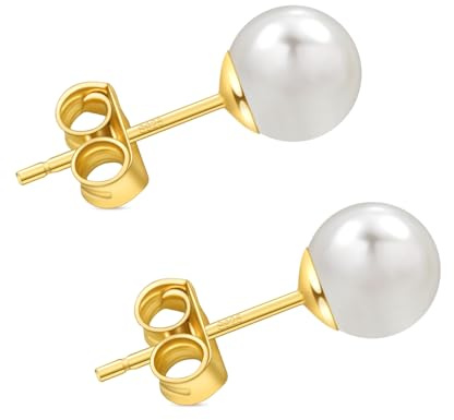HAINBAG 6mm Freshwater Pearl Stud Earrings for Women, Hypoallergenic Earrings Studs with Genuine Round White Pearls