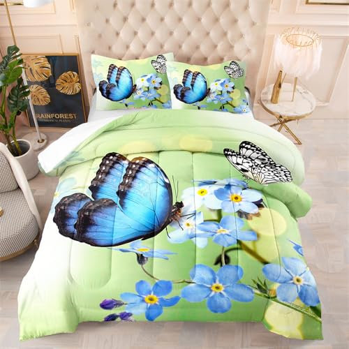 Bettdecke 140X200 Blauer Schmetterling Bettdecken 200Gsm,Dünne Und Leichte Duvet,4 Jahreszeiten Bettdecken,Weiche Mikrofaser Bettdecke Mit 2 Kissenbezüge,Warm Steppbettdecke Für Allergiker