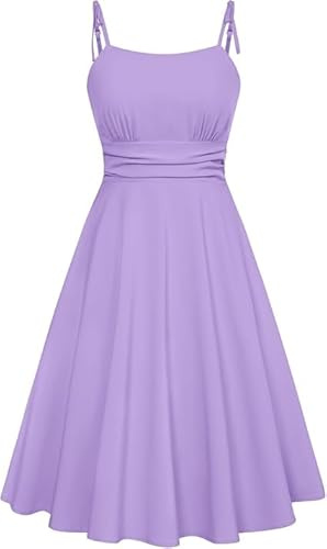 Belle Poque Sommerkleider für Damen Spaghettiträger A-Linie Midi Sonnenkleid Freizeitkleid mit Taschen Urlaubs Strandkleid Lila L