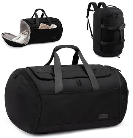 LOVEVOOK Resväska, sportväska, ryggsäck, stor, 60 l, handbagage, ryggsäck med skofack, våtfack, reseryggsäck, weekendresor, väska för män, kvinnor, gym, resor, simning, bastu, fotboll, svart, 1-Svart