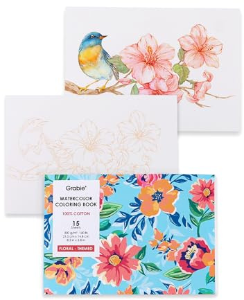Grabie Livre de coloriage floral aquarelle 100 % coton, 15 feuilles de 300 g/m², pages de peinture à froid pour adultes, débutants, artistes, livre de coloriage pour pratique de l'aquarelle