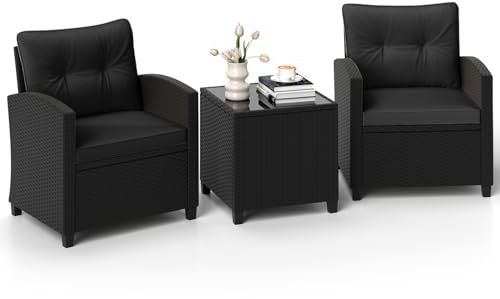 GIANTEX Rattan Gartenmöbel Set, Balkonmöbel Kleiner Balkon, Lounge Möbel Outdoor, Balkon Set 2 Personen, Balkonmöbel Set 3 teilig 2 Sessel & Tisch, Terrassenmöbel Garten Möbelsets inkl. Kissen