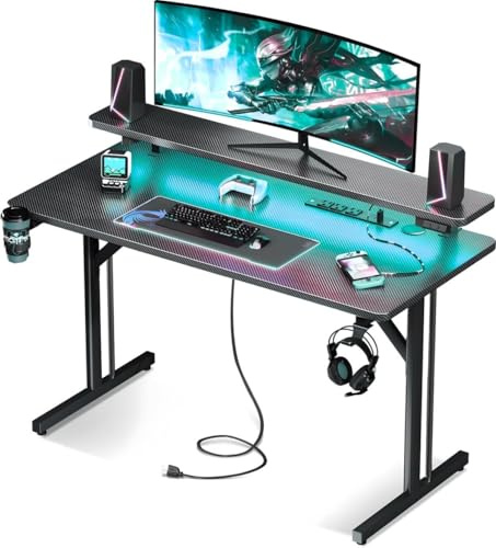 Five Stars® Gaming Schreibtisch - Computertisch - 100x50x75 cm - Gaming-Schreibtisch mit LED-Beleuchtung - Schwarze Carbon
