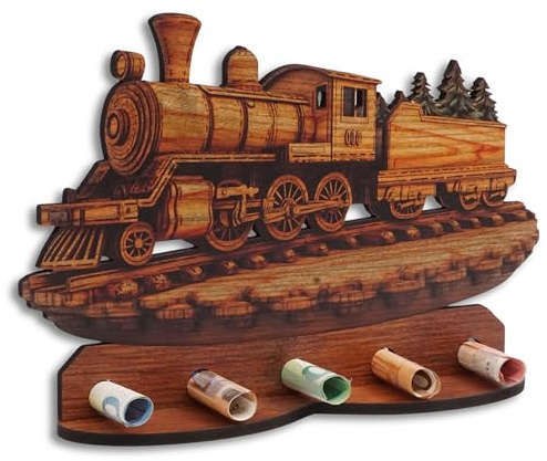 DRO Design Geldgeschenke, Geschenkverpackung Holz-Optik Lokomotive Zug Motiv – Bargeldgeschenk, Geldpräsent, Kreatives Geldgeschenk, Geburtstag, Hochzeit, Weihnachten