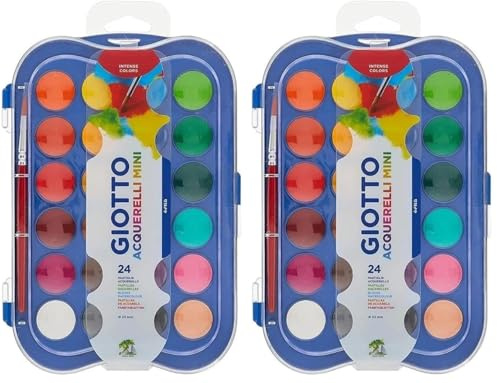 Giotto Acquerelli Mini - Boîte de 24 pastilles de gouache + pinceau (Lot de 2)