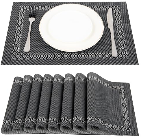 SUEH DESIGN Manteles Individuales, Juego de 8 Salvamanteles Individuales PVC 45 cm* 30 cm, Negro