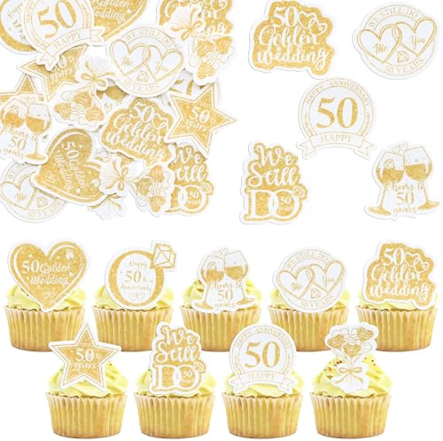 Gyufise 54Pcs Edible 50th Anniversary Cupcake Toppers Golden Happy Wedding Glutinous Rice Paper Cheers to 50 Years We Still Do Picks Party Cake Decorations Supplies