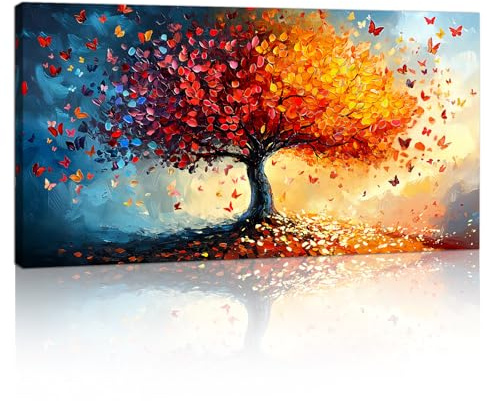 Orange Rot Baum des Lebens Baum Groß Mit Rahmen Leinwandbilder Bilder, Bunt Schmetterlinge Bäume bild auf Leinwand Wandkunst Wandbilder Kunstdruck Gemälde Deko für Wohnzimmer Schlafzimmer 100×50cm