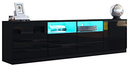 Ikewaier TV Lowboard für Wohnzimmer, Schwarz Hochglanz TV Schrank mit LED