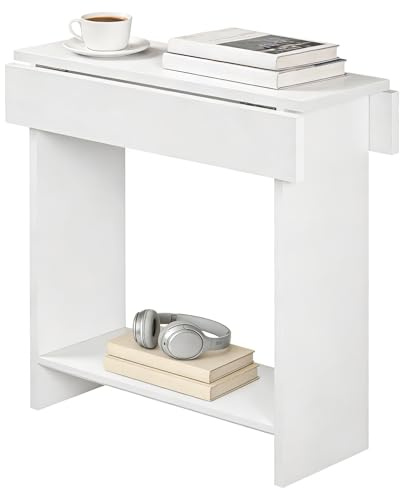 MAHANCRIS Beistelltisch, Couchtisch mit Klappbarer Tischplatte, Sofatisch Kaffeetisch mit Ablage, Schmaler Beistelltisch für Wohnzimmer, Schlafzimmer, Weiß AETWT7401