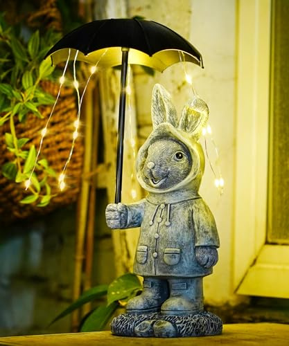 Yeomoo Solar Rabbit Garden Ornaments Outdoor - Grey Bunny Statue Holding Umbrella with String Lights for Yard Patio Lawn Balcony - Gifts for Women Mum Men Easter