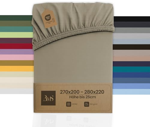 Bettwaesche-mit-Stil Familienbett Spannbettlaken Jersey Spannlaken Spannbetttuch (270x200-280x200 cm, Matratzenhöhe bis 25cm, Braun (Taupe)) Gewicht: 180g/m², 90% Baumwolle 10% Elasthan