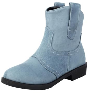 Generiskt läder stövletter dam platta stövlar dam med klack mocka cowboystövlar tjock sula fritidsstövlar eleganta damstövlar enfärgade läderstövlar bekväma utomhusstövlar casual, Ljusblå, 34 EU