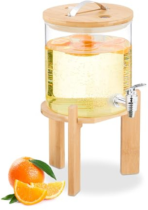 Relaxdays Getränkespender 5 Liter, Kalt- & Heißgetränke, Zapfglas mit Bambusständer, Thermometer, transparent/Natur