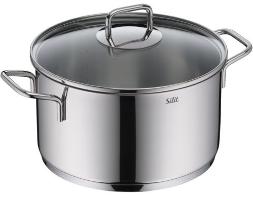 Silit Extra Cook, Kochtopf 24 cm mit Glasdeckel, Innenskalierung, breiter Schüttrand, hochwertiger spülmaschinenfester Crominox-Edelstahl, Bratentopf groß, optimale Wärmeverteilung, Induktion