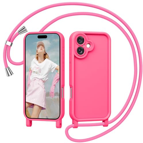 Coiwxmoi Cover per iPhone 16 6,1 con Cordino, Custodia con Laccio Collana Tracolla Regolabile Sottile Silicone Morbido TPU Bumper Antiurto AntiGraffio Protettiva Case per iPhone 16, Rosa