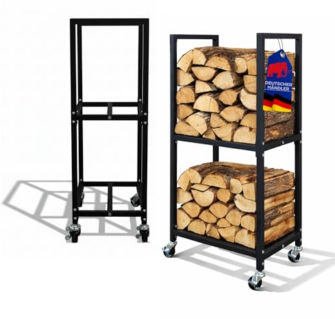 PROREGAL Portalegna PHOENIX con ruote e 2 livelli | Per uso interno ed esterno | AxLxP 82x44x28 cm | Metallo | Nero