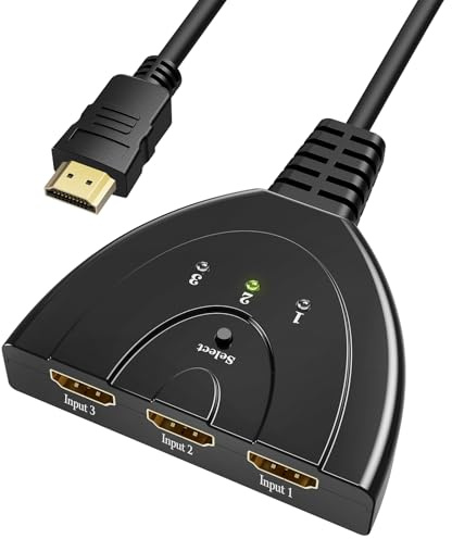 GANA HDMI Switch 3 in 1, HDMI Umschalter 3 Eingänge 1 Ausgang - 4K UHD @30Hz, Full HD 1080p @60Hz, 3D, Manueller Taster, Kompakt & Ohne Externe Stromversorgung