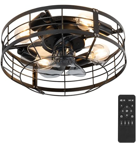 Youroke Caged Ceiling Fan with Light, 16 Inch Farmhouse Round Flush Mount Fan Lights Ceiling Fixtures, Need Assembly, 6 Speeds Reversible Motor Small Bladeless Ceiling Fans for Bedroom, Living Room