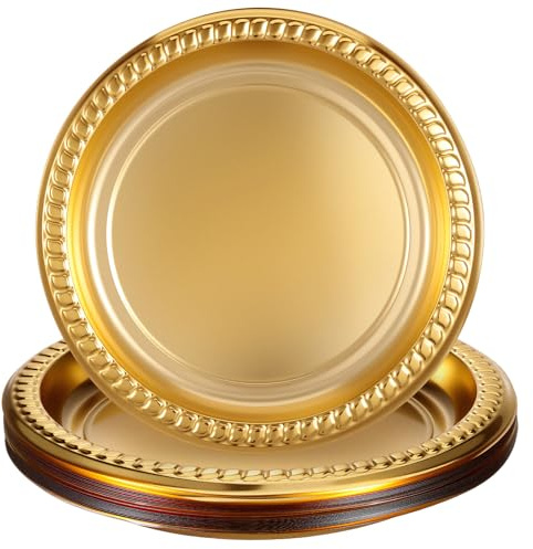 NUOBESTY 20pcs Gold Disposable Plastic Party Plates 7-inch round Serving Trays for Bbq Snacks and Fruit, Single-use Tableware for Outdoor Gatherings and Wedding Events