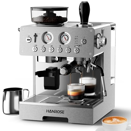 Hanrose Espresso Machine with Grinder, 20 Bar ULKA Pump, 3L Water Tank | Removable Burr Grinder, Adjustable Dosing, Independent Hot Water & Milk Frother for Espresso, Americano, Latte and Cappuccino