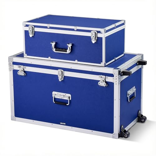 VEVOR Storage Trunk, Set of 2, Wooden Suitcase Storage Boxes with Padlocks, Large Trunk Includes Casters & 3 Metal Handles, Decorative Store Chest with Lids for Travel, Apartment, Dorm, Blue