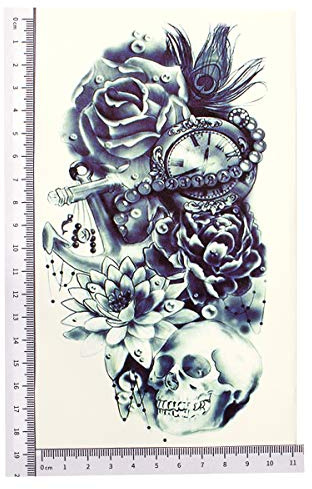 2 x ARM Tattoo SCHWARZ bis DUNKEL BLAU Temporäres Tattoo zum Kleben Totenkopf mit Lotus Rosen Blumen für Arm Körper Rücken Bein Z039 Wasserdicht (2)