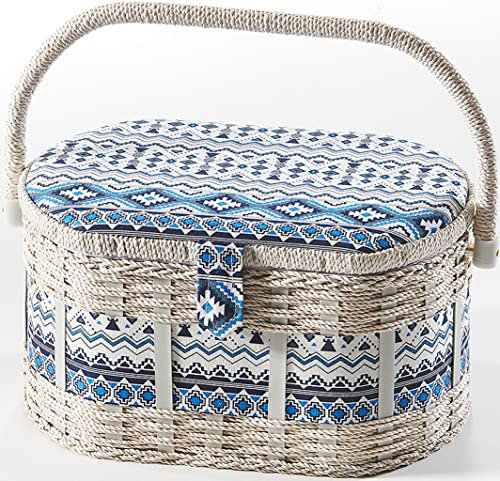 Kobolo Nähkästchen Nähkorb Nähkörbchen Nähkasten - blau natur aus Textil - 28x19x16 cm