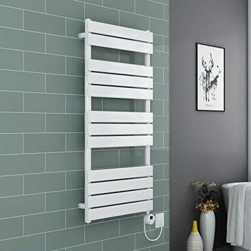 Warmehaus Towel Radiator 1200x600 White 500W Thermostatic Electric Element | Flat Panel, Electric Heated Towel Rail, Dual Fuell, Wall Mounted