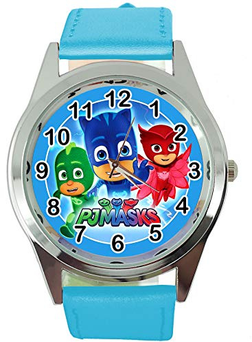 Taport® PJMASKS Runde Quarzuhr mit blauem Lederband + gratis Ersatzakku + Geschenkbeutel