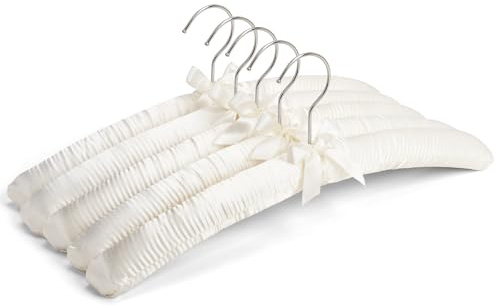 Amber Home 5 Pack 17 Inch Large Ivory Satin Padded Hangers for Women Clothing, Anti Slip Cushioned Hangers for Sweaters, Silk Hangers Fancy Dress Hangers for Wedding, Delicate Cashmere