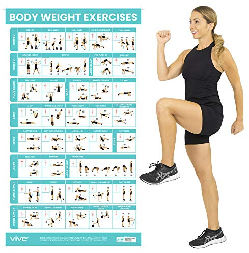 Vive Übungsposter mit Körpergewicht – Workout für Zuhause, Fitnessstudio, laminiertes Diagramm – Raumdekor-Zubehör – Hit für Bauchmuskeln, Gesäß, Rumpf, Beine, Arme, Rücken – keine Ausrüstung
