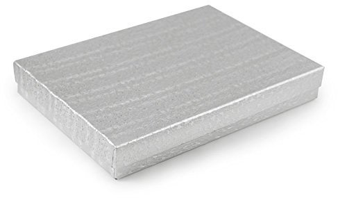 RJ Displays 25 Piece Pack Silver Foil Cotton Filled Lidded Jewelry Gift Box Necklace, Belt Buckle, Pendant, Brooch, Bracelet, Bangle, anklet -Size 5.25 X 3.75 X 1 (Silver)