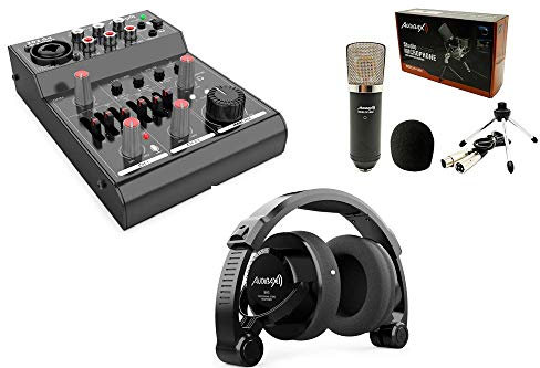 Audibax Pack Podcast - Incluye Mesa de Mezclas 202 Go, Micrófono de Condensador Berlin 1800 Silver Pack y Auriculares RH5 - Micrófono y Auriculares Profesionales de Estudio - Mesa de Mezclas de Sonido